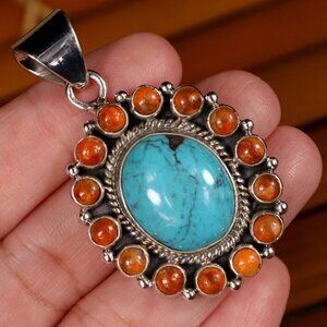Native American CORAL TURQUOISE Handmade Sterling Silver Pendant